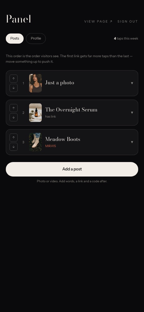 The admin panel on a phone, listing posts with reorder arrows and tap counts.