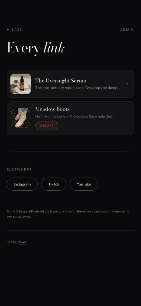 A list of every link on the page, each with a thumbnail and a discount code.